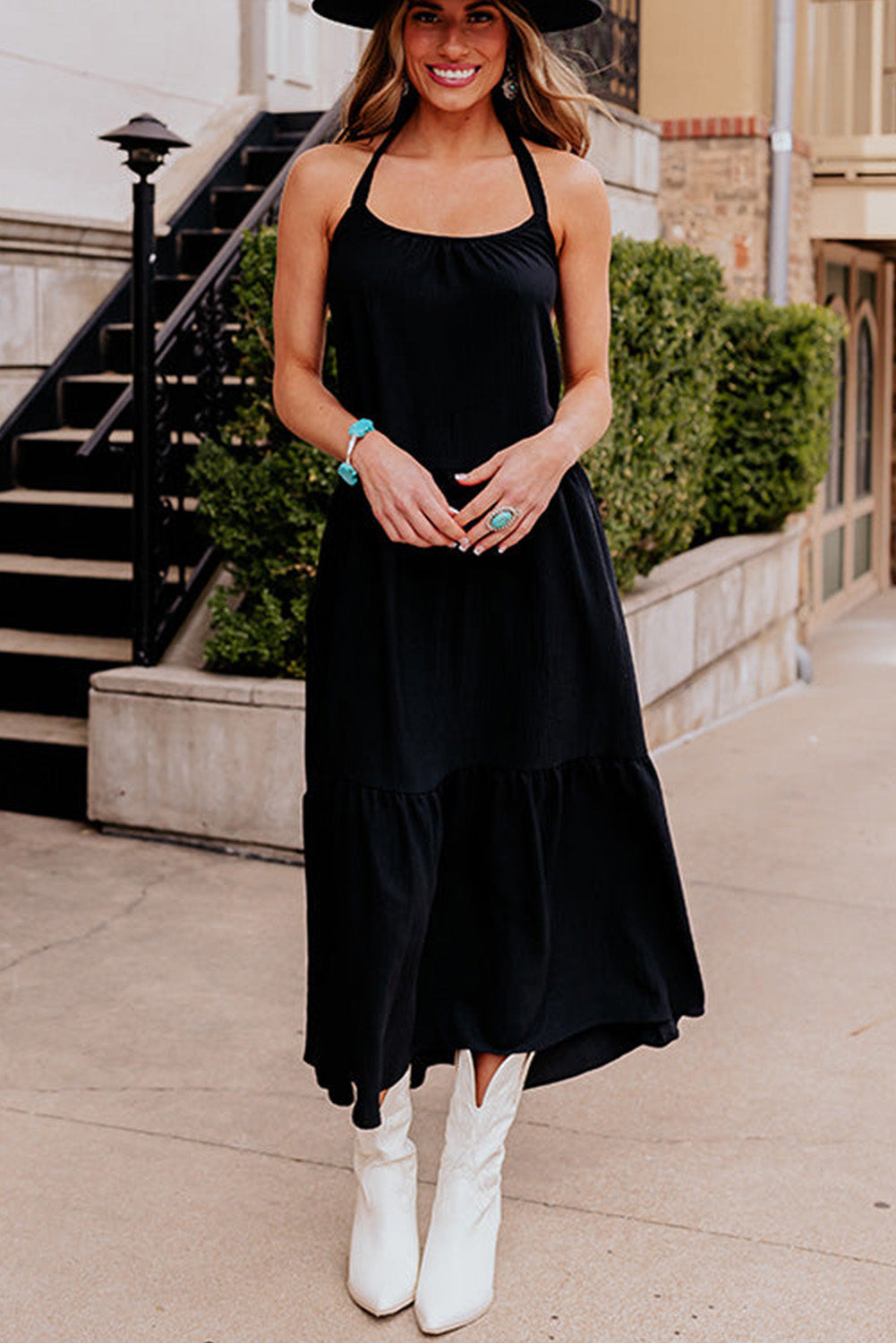 Black Halter Neck Backless Midi Dress