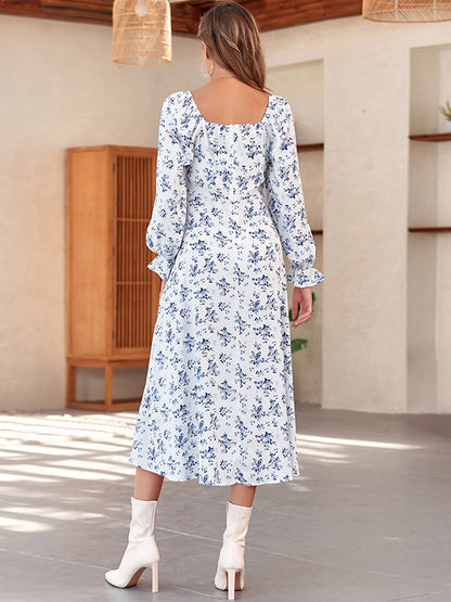 Floral Dress Square Neck Ruffles Sleeves High-Slit Midi Dresses