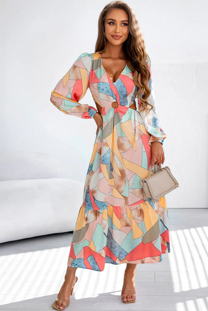 abstract print o ring cut multicolor maxi dress