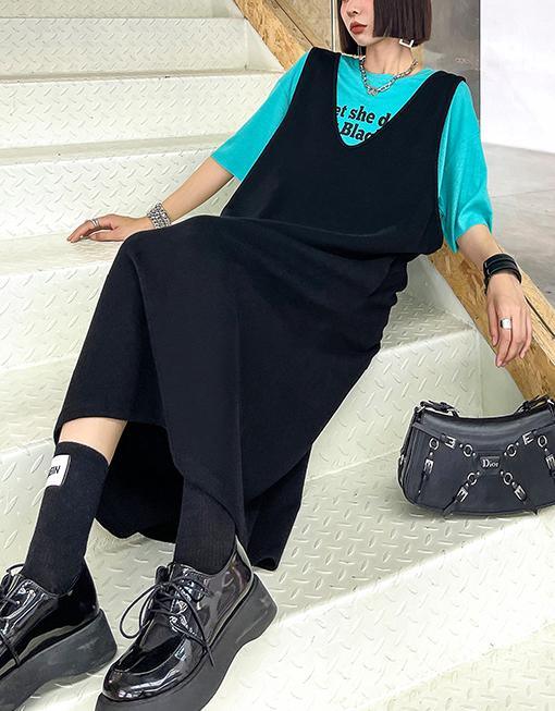 Club Black V Neck Cotton long Maxi Dress