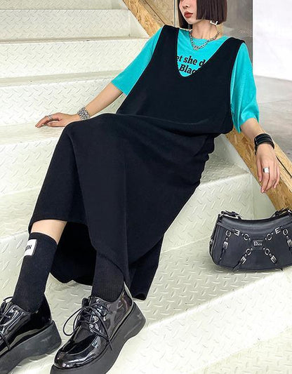 Club Black V Neck Cotton long Maxi Dress