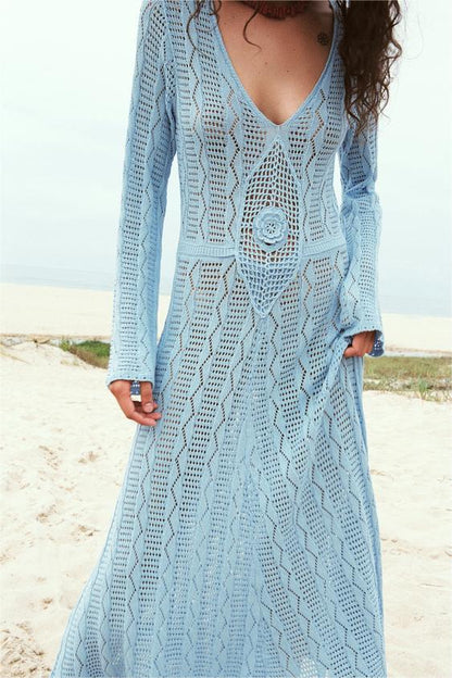 V-Neck Long Sleeve Sweater Midi Dress