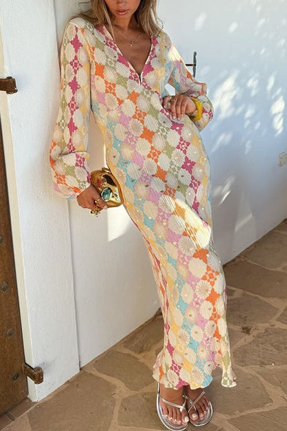 V Neck Lantern Sleeves Geometric Print Maxi Dress