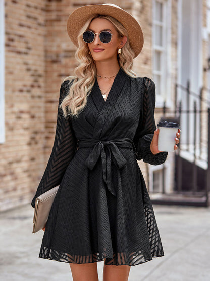 Skater Dresses V-Neck Long Sleeves Lace Up Chic Mini Dress