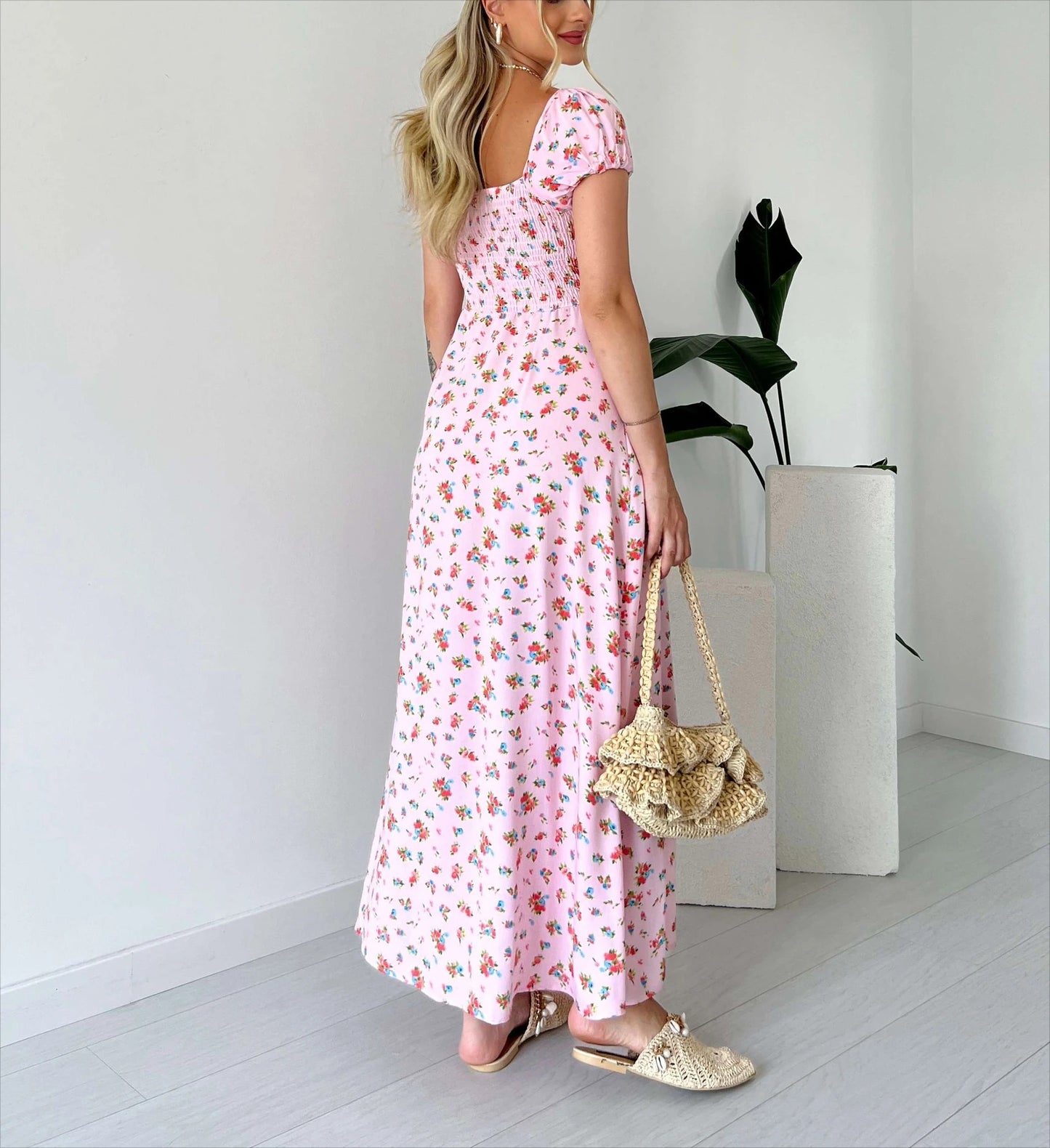 Floral Print Smocked Midi Dress