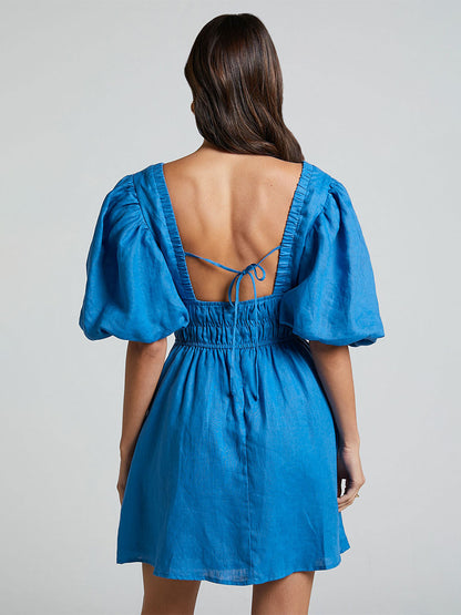 Summer Mini Dresses Blue V-Neck Lace Up Beach Dress