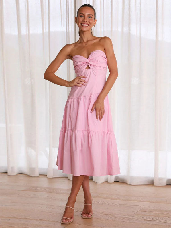 Summer Midi Dress Pink Strapless Cut Out Beach Dress