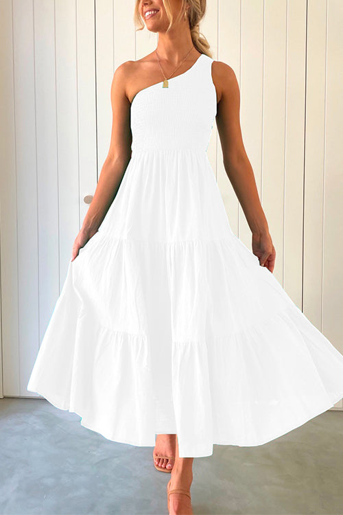 One Shoulder Sleeveless Smocked Ruffle Tiered Maxi Dress