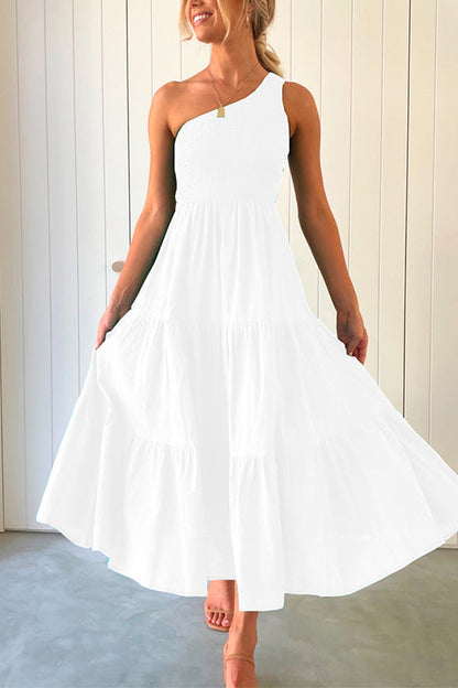 One Shoulder Sleeveless Smocked Ruffle Tiered Maxi Dress