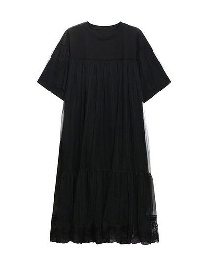 Fake Two-Piece Loose Gauze Pleated Solid Color Split-Joint Tiered Round-Neck Midi Dresses