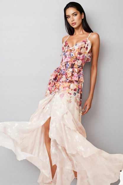 Anwes Pink Floral Frilled Maxi Dress