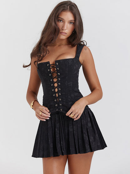 Summer Dress Mini Dresses Black Straps Neck Lace Up Polyester Beach Dress