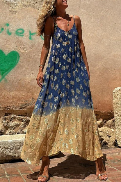 TIE DYE GRADIENT GOLDEN FLOWER PRINT POCKETED A-LINE SLIP MAXI DRESS