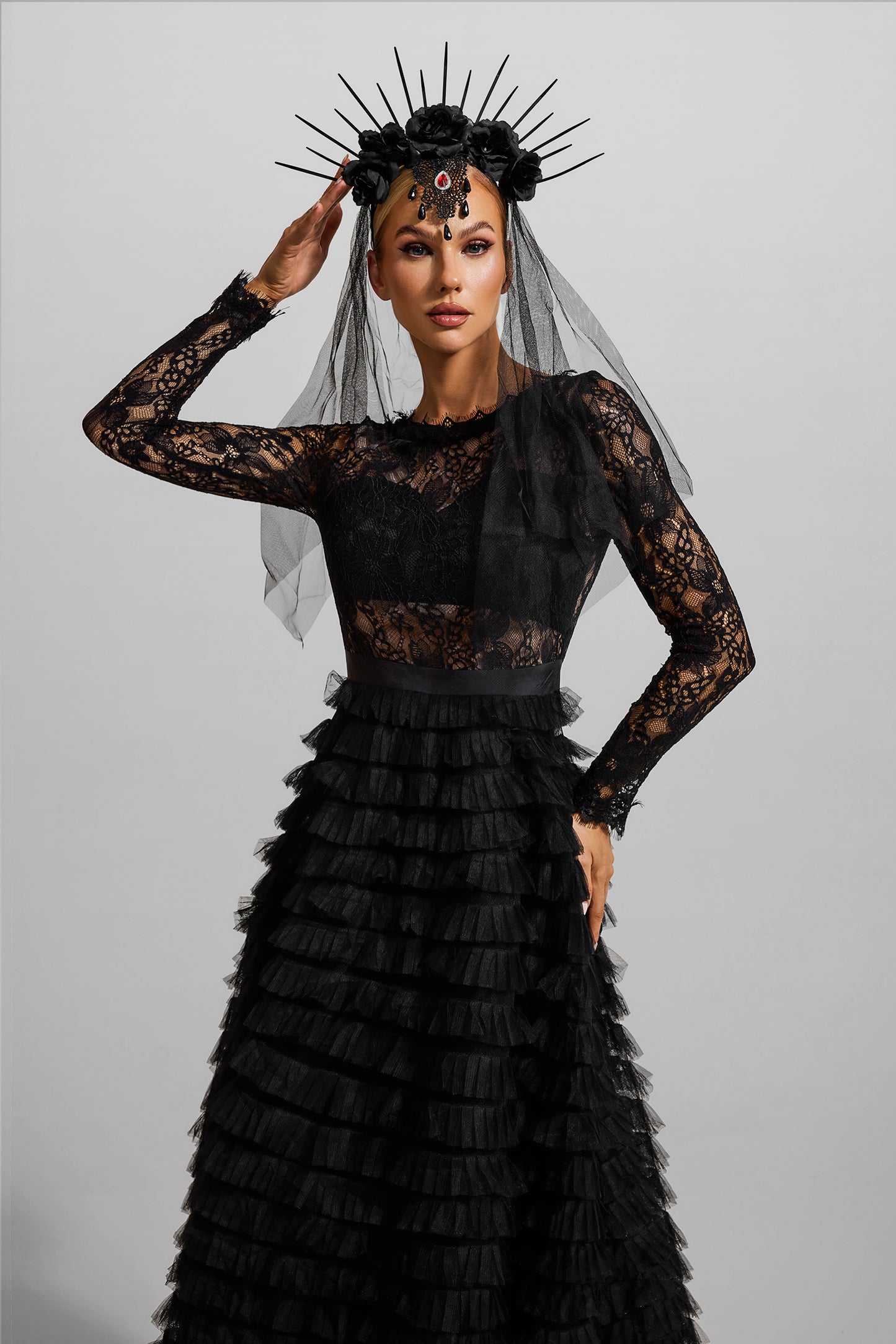 Lace Tiered Long Sleeve Midi Dress