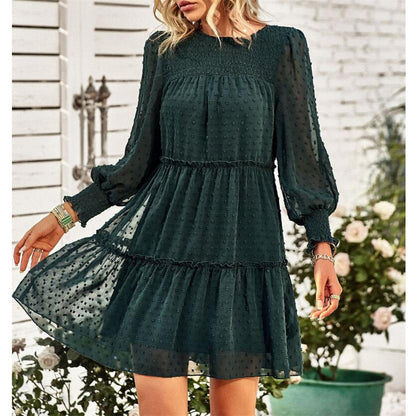 Swiss Dot Round Neck Mini Dress in Black, Blue, Green, Pink