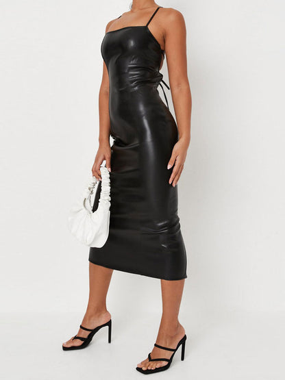 Birthday Open Shoulder PU Leather Sexy Straps Neck Sleeveless Midi Dress