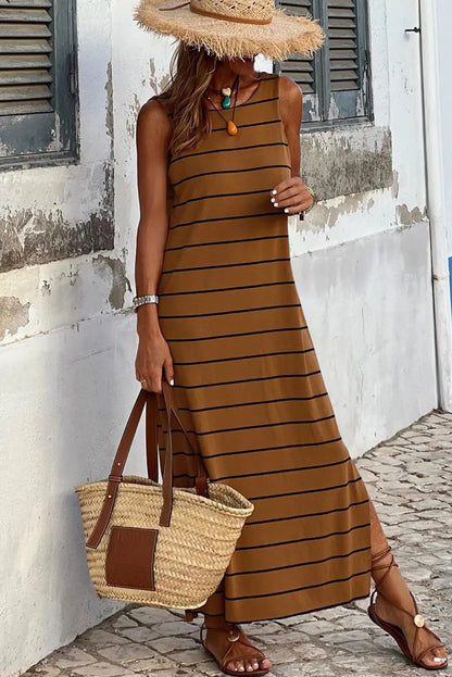 striped open back maxi dress