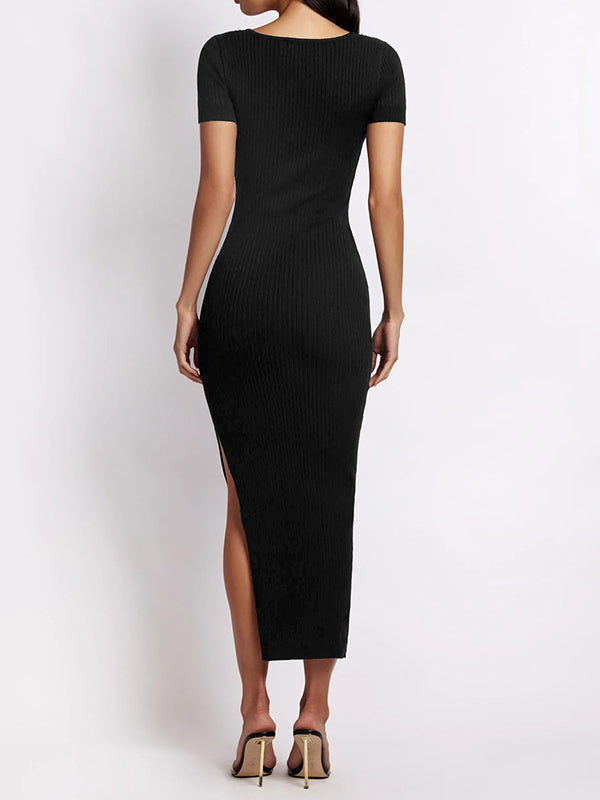 Short Sleeves Skinny Solid Color Split-Side Round-Neck Midi Dresses