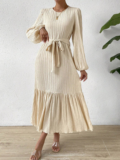 A-line Long Sleeves Elasticity Pleated Solid Color Split-Joint Tied Waist Round-neck Midi Dresses