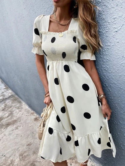 Polka Dot Square Neck Short Sleeves Midi Dress