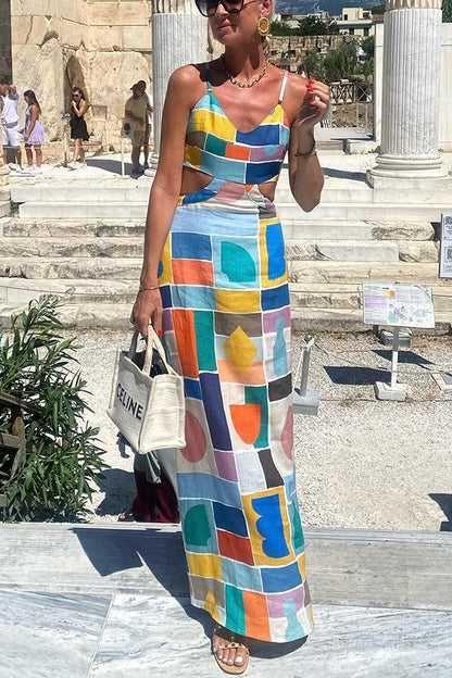 Linen Blend Colorful Unique Print Cutout Back Tie-up Maxi Dress