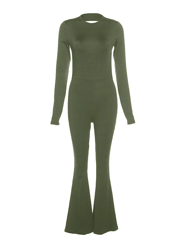 Backless Long Sleeve Flare Leg Jumpsuit