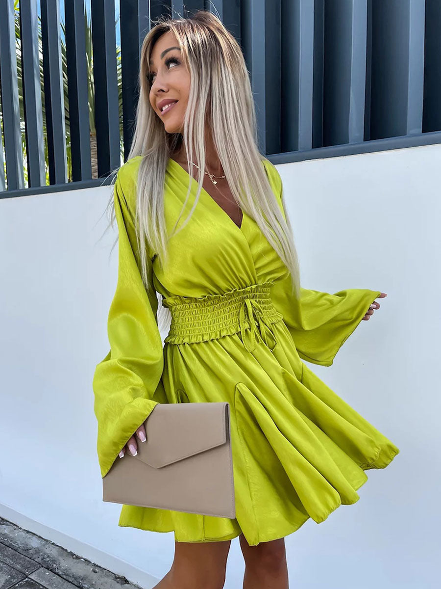 Mini Dresses Yellow Green Long Sleeves Lace Up Short Dress