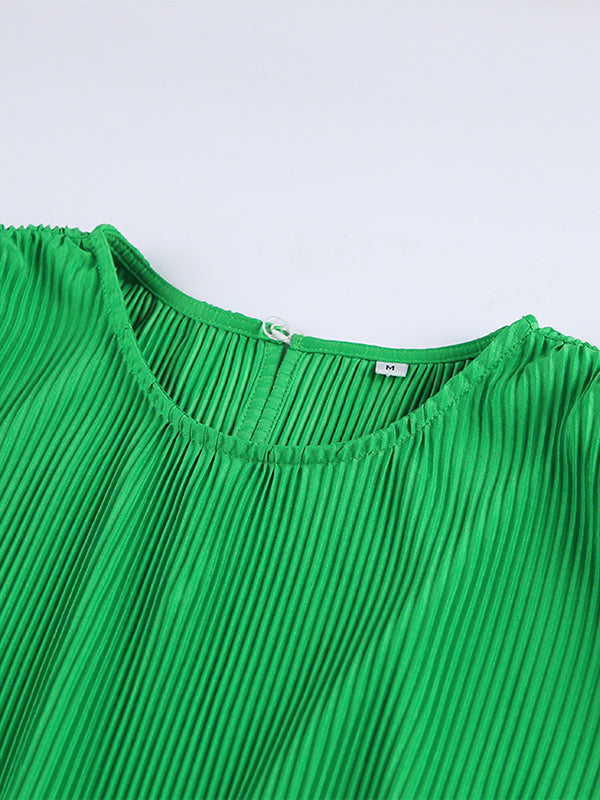 A-line Flared Sleeves High-Waisted Pleated Solid Color Zipper Round-neck Mini Dresses