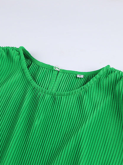 A-line Flared Sleeves High-Waisted Pleated Solid Color Zipper Round-neck Mini Dresses