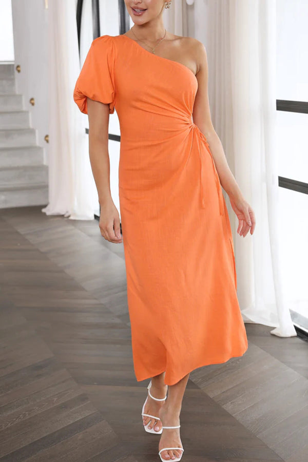 Sweet Emotions One Shoulder Puff Sleeve Cutout Midi Dress