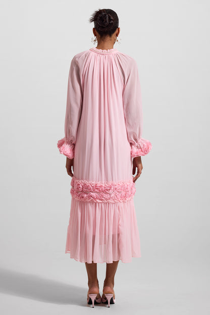 3D Floral Frill Long Sleeve Midi Dress