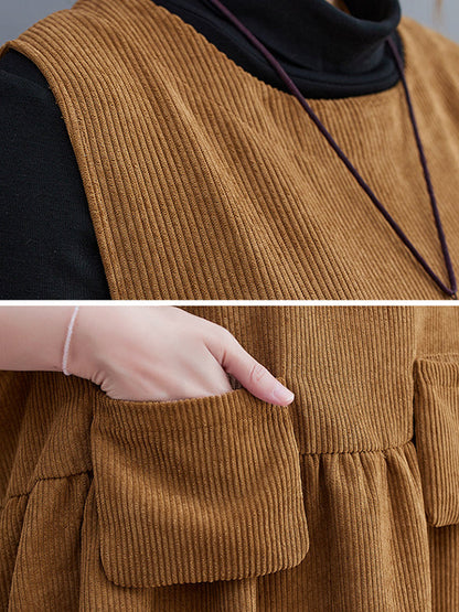 Artistic Retro Loose Sleeveless Solid Color Round-Neck Midi Dresses