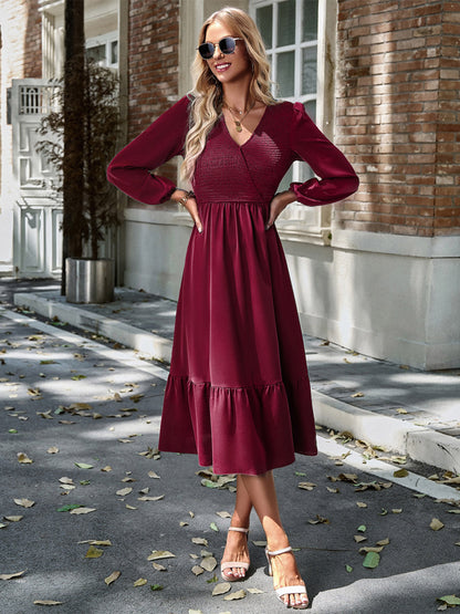 Midi Dress V Neck Lantern Sleeves Pleated Flared Daily Casual Dresses