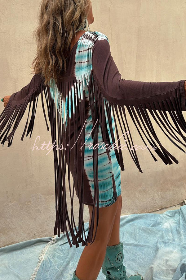 KONI Tie-dye Print Long Fringed Sleeve Crew Neck Stretch Mini Dress