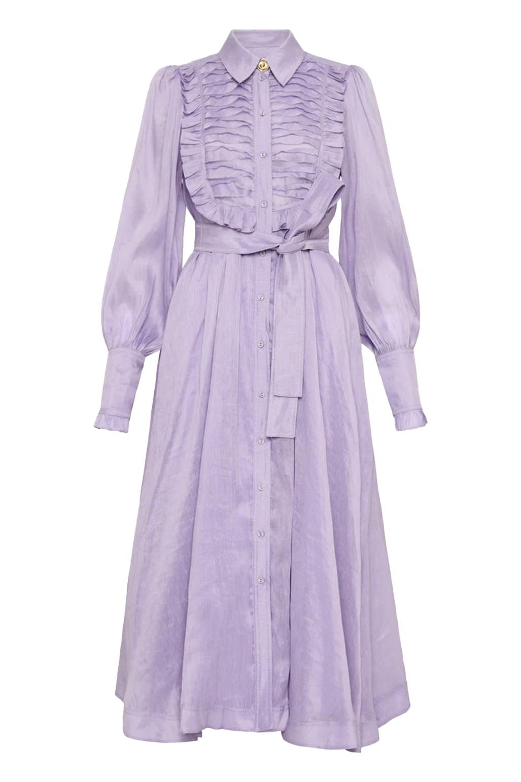 Solid Lantern Sleeve Frill Midi Dress With Belt Purple