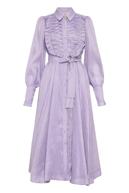 Solid Lantern Sleeve Frill Midi Dress With Belt Purple