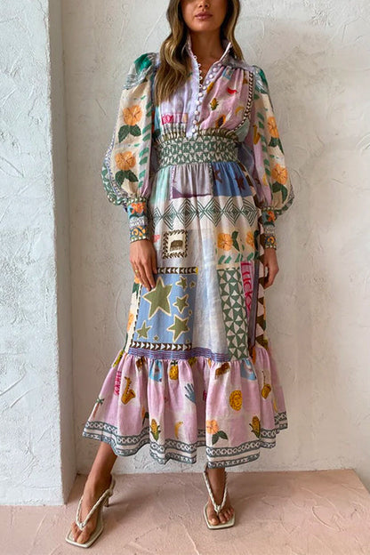 Puff Sleeves Smocked Waist Unique Printed Ruffle Maxi Dress