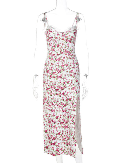 Floral Print Lace Backless Bohemian Straps Neck Midi Dress