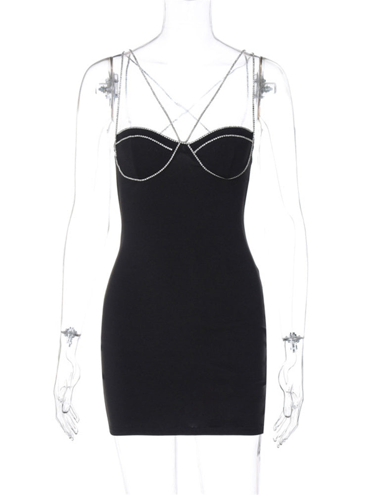 Tossy Black Patchwork Sexy Mini Dress – V-Neck High Waist Backless Club Party Dress
