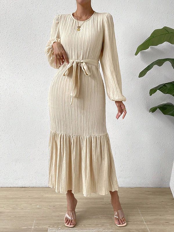 A-line Long Sleeves Elasticity Pleated Solid Color Split-Joint Tied Waist Round-neck Midi Dresses