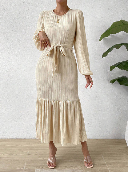 A-line Long Sleeves Elasticity Pleated Solid Color Split-Joint Tied Waist Round-neck Midi Dresses