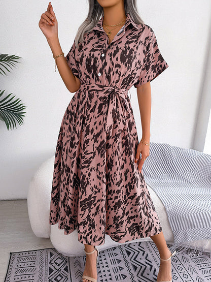 Loose Short Sleeves Leopard Ribbed Lapel Midi Dresses