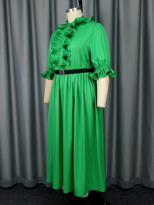 A-line Ruffle Sleeves Belted Buttoned Pleated Ruffled Solid Color Tied Waist Maxi Dresses