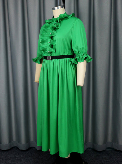 A-line Ruffle Sleeves Belted Buttoned Pleated Ruffled Solid Color Tied Waist Maxi Dresses