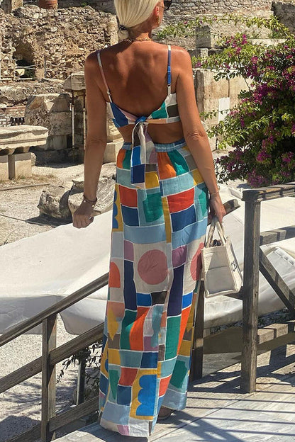 Linen Blend Colorful Unique Print Cutout Back Tie-up Maxi Dress