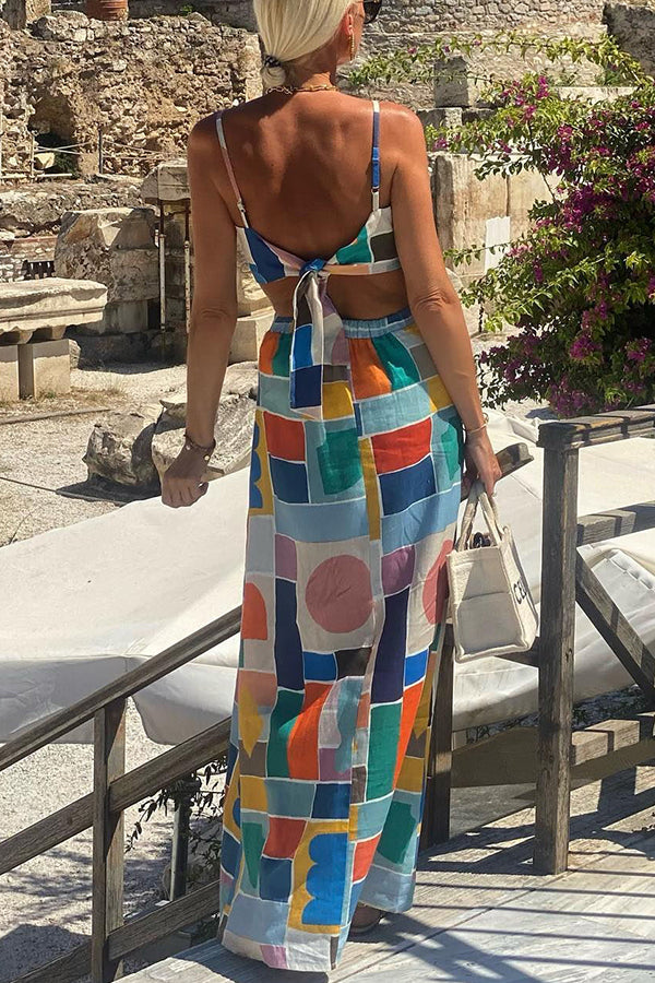Linen Blend Colorful Unique Print Cutout Back Tie-up Maxi Dress