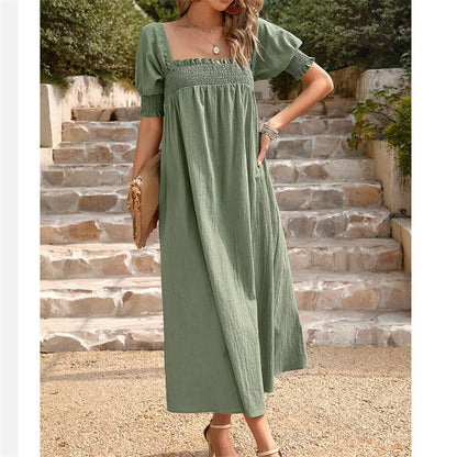 Solid Color Square Neck Maxi Dress in Apricot Green Khaki Orange