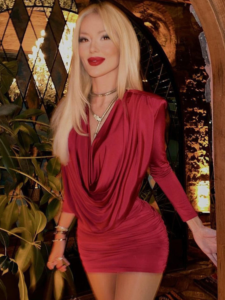Tossy Fashion Pleated V-Neck Mini Dress Female Long Sleeve Slim High Waist Patchwork Vintage Clothes Women’s Party Dress 2024