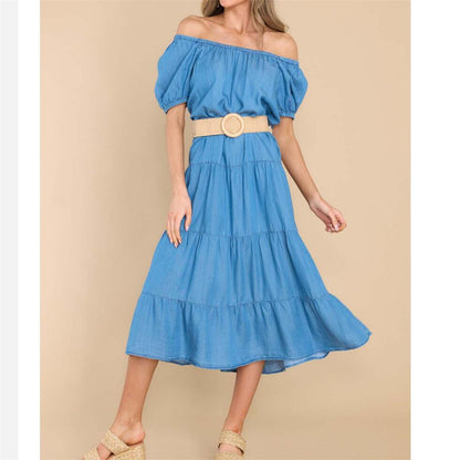 Solid Color Thin Waist Denim Maxi Dress in Blue