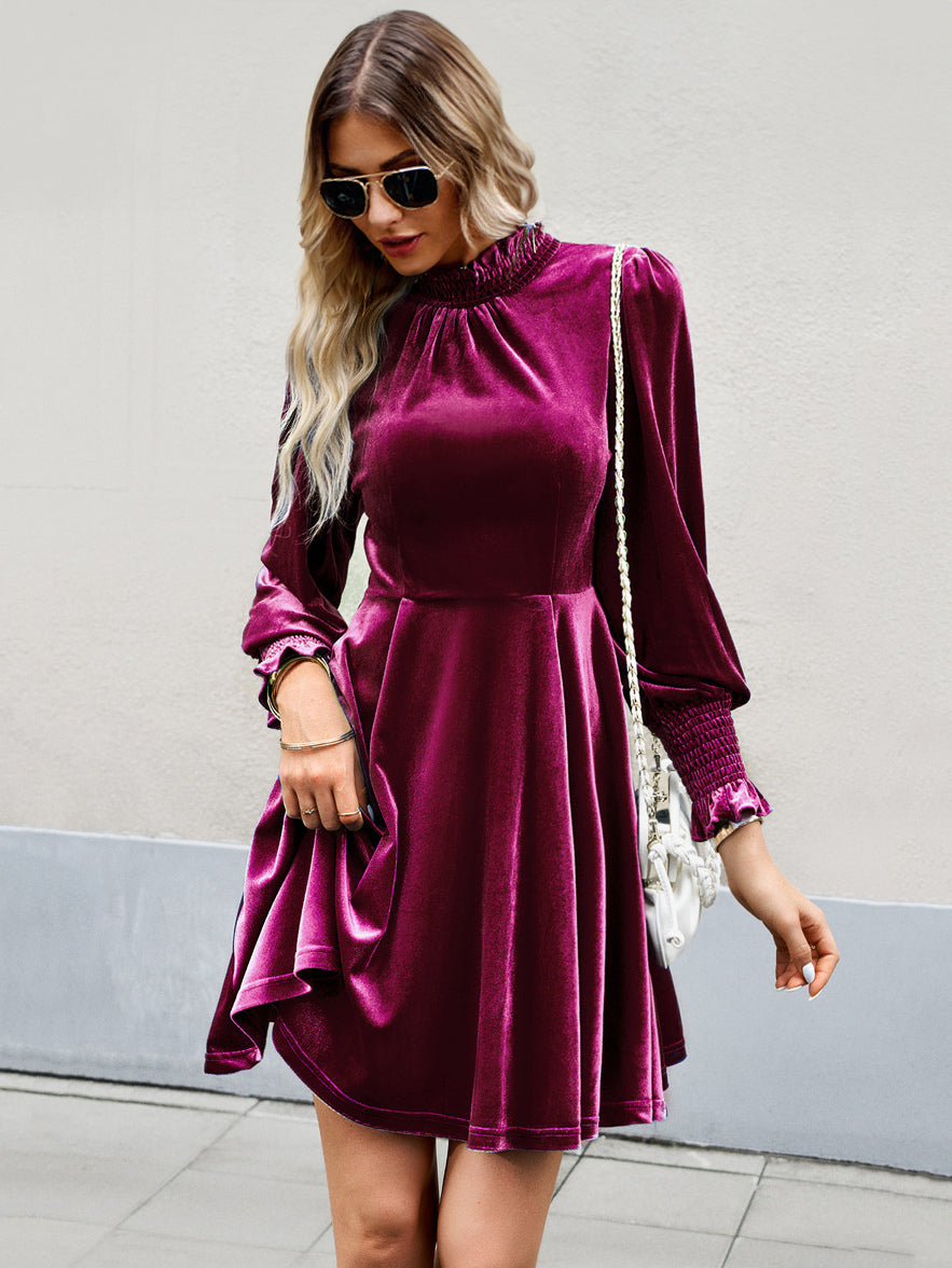Velvet Dress Burgundy High Collar Long Sleeves Fall Mini Dresses